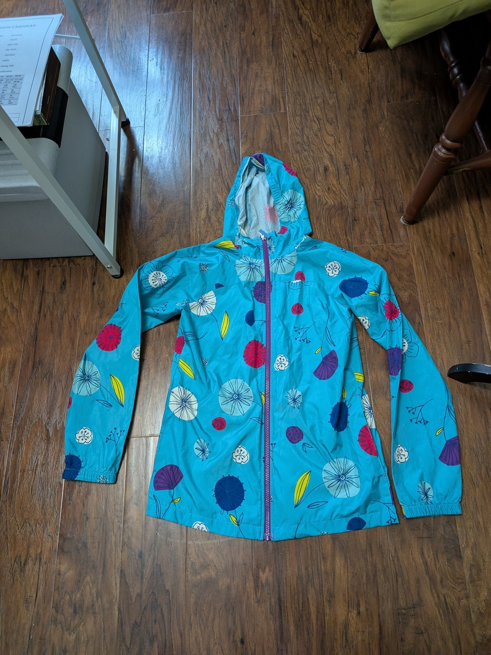 Lands' End Girls' Teal Floral Hooded Windbreaker with Pink & Purple Accents-sz L